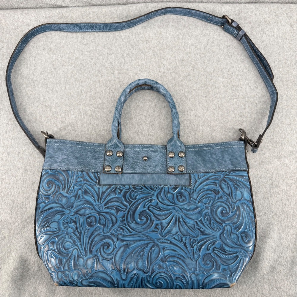 Patricia Nash Blue Tooling Leather Tote Crossbody Bag Floral Embossed Satchel - Picture 9 of 13